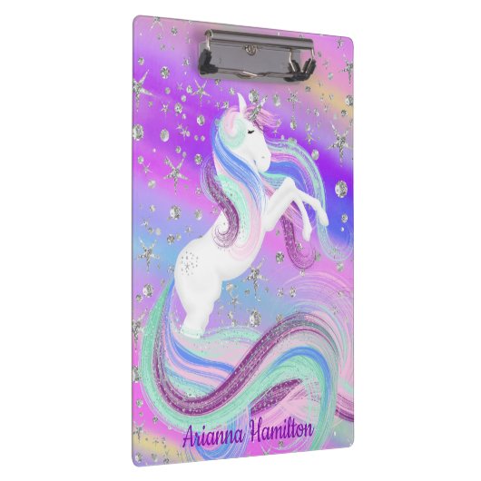 Magische unicorn Sparkly Silver Stars Klembord (Rechts)