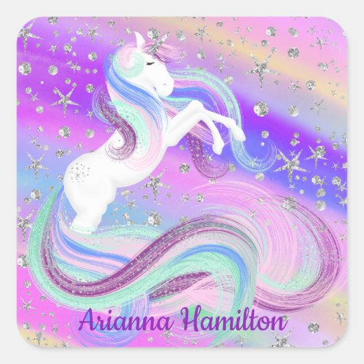 Magische unicorn Sparkly Silver Stars Vierkante Sticker (Voorkant)