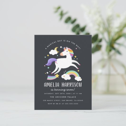 Magische Unicorn, sterren en regenboogdag Uitnodiging Briefkaart (Staand voorkant)