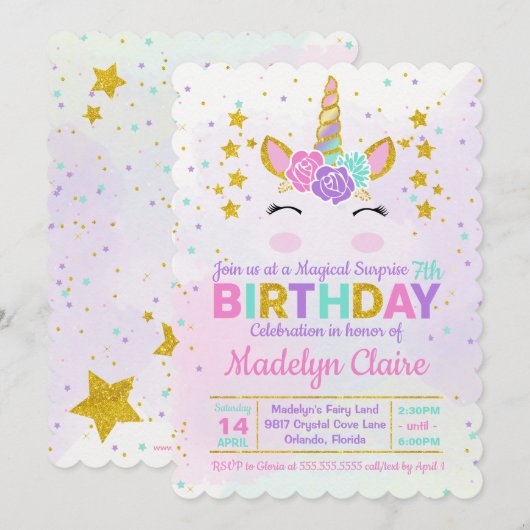 Magische Unicorn Surprise Birthday Party Invitatio Kaart (Voorkant / Achterkant)