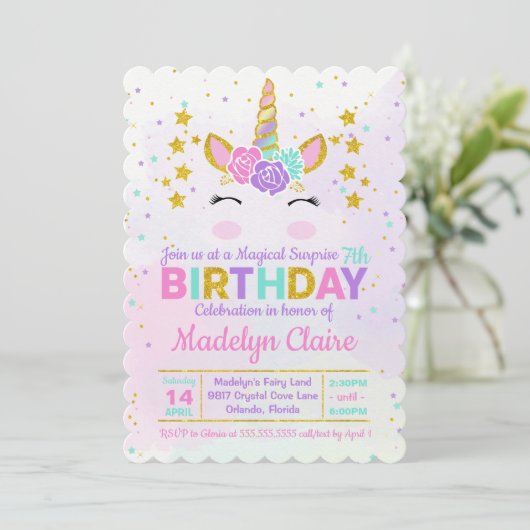 Magische Unicorn Surprise Birthday Party Invitatio Kaart (Staand voorkant)