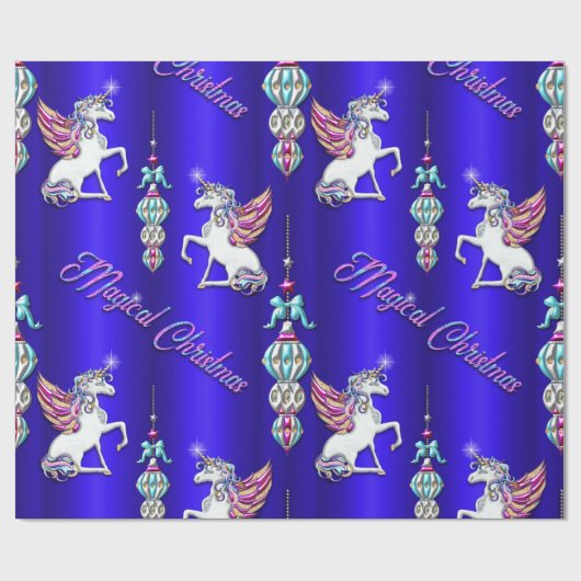Magische Unicorns Dark Blue Kerstmis Cadeaupapier (Vlak)