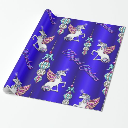 Magische Unicorns Dark Blue Kerstmis Cadeaupapier (Uitgerold)