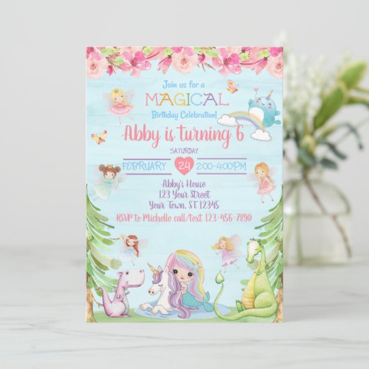 Magische verjaardagsfeest uitnodiging Eenhoorn Nar (Staand voorkant)