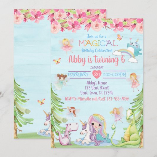 Magische verjaardagsfeest uitnodiging Eenhoorn Nar (Voorkant / Achterkant)