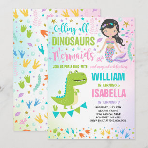 Magische verjaardagsuitnodiging zeemeermin en dino kaart