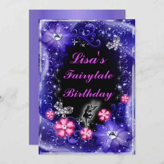 Magische Vlinderfee Paarse Bloemige Verjaardag Kaart (Voorkant / Achterkant)