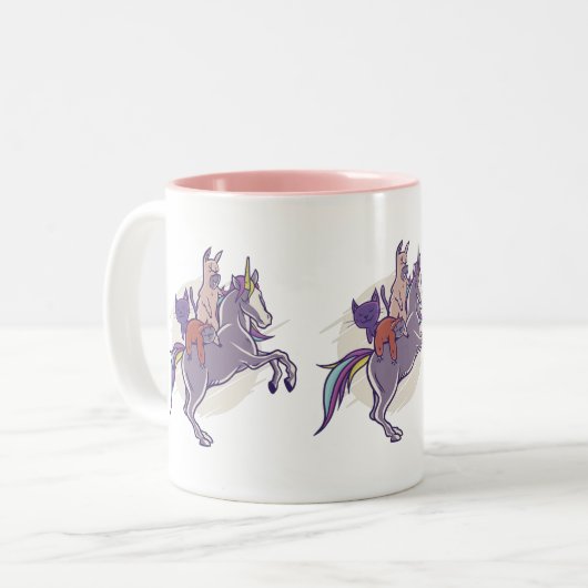 Magische vrienden |Unicorn, Alpaca, Kitten, Sloth Tweekleurige Koffiemok (Voorkant links)