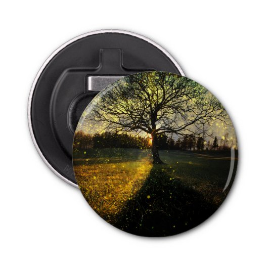 Magische vuurvliegjes droomachtig landschap button flesopener (Voorkant)