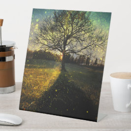 Magische vuurvliegjes droomachtig landschap reclamebord met voetstuk