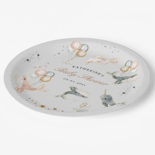 Magische walvissen ballonnen sterren Baby shower Papieren Bordje (Gekanteld)