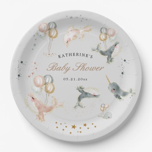 Magische walvissen ballonnen sterren Baby shower Papieren Bordje (Voorkant)