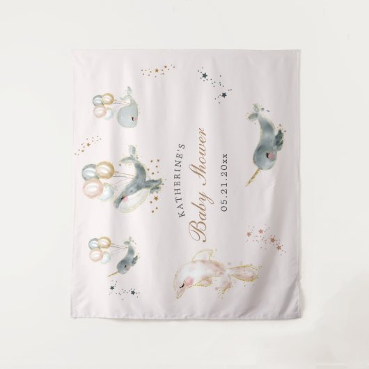 magische walvissen ballonnen sterren baby shower wandkleed (Voorkant)