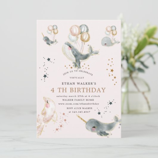 magische walvissen en sterren virtuele verjaardags kaart (Staand voorkant)