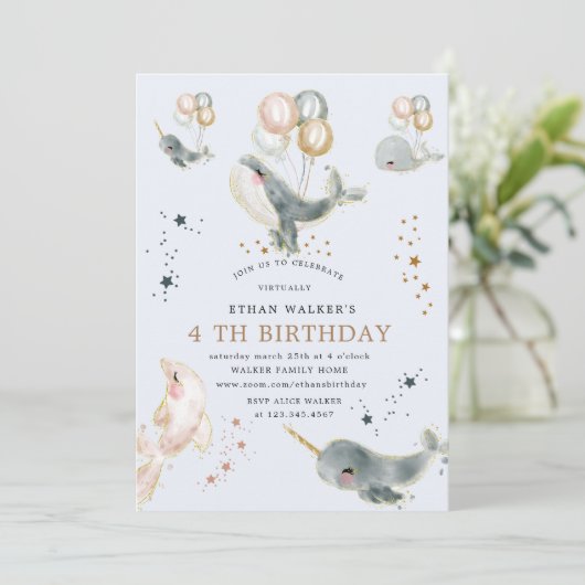 magische walvissen en sterren virtuele verjaardags kaart (Staand voorkant)