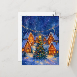 Magische Watercolor Festieve Nacht Dorp Kerstmis Briefkaart