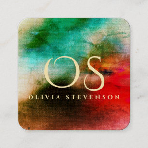 Magische Waterverf Blauw Rood Abstract Monogrammed Vierkante Visitekaartje