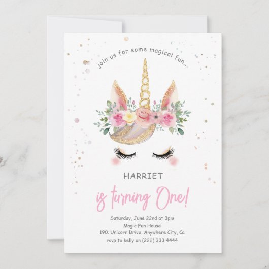 Magische Waterverf Eenhoorn 1e Verjaardag Kaart (Voorkant)