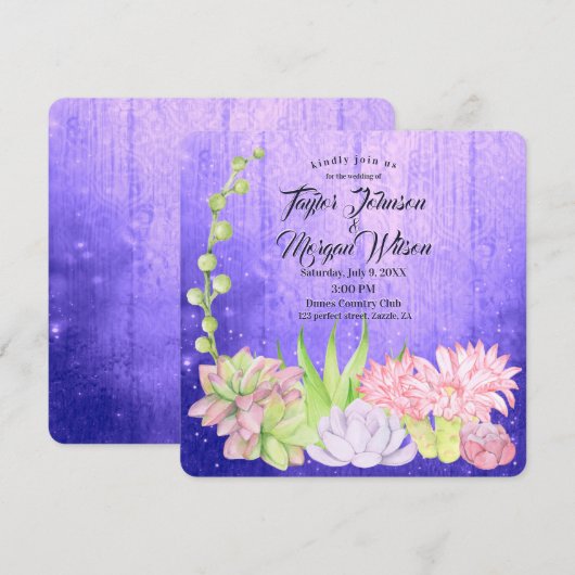 Magische Waterverf Succulenten Paarse bruiloft Kaart (Voorkant / Achterkant)