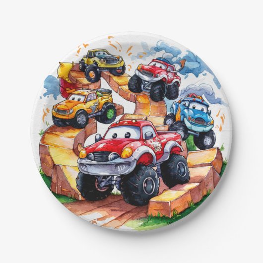 Magische weg monster vrachtwagen verjaardag papieren bordje (Voorkant)