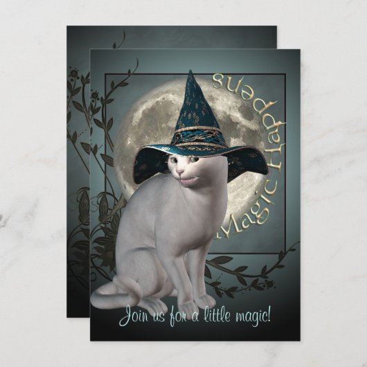 Magische White Cat Halloween Invitation Kaart (Voorkant / Achterkant)