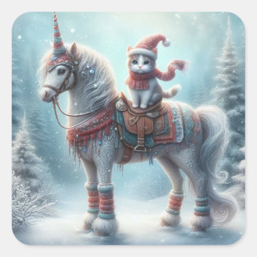 Magische Winter Eenhoorn & Kat Sticker – Festieve  (Voorkant)