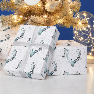 Magische Winter Hertenkop Zilver Blauw Sneeuw Kers Cadeaupapier