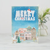 Magische Winter Huizen Sneeuwdorp Vrolijk Kerstfee Feestdagenkaart (Staand voorkant)