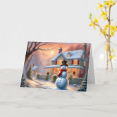 Magische Winter Sneeuwman Huis Kerstmis Kaart (Gele Bloem)
