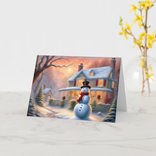 Magische Winter Sneeuwman Huis Kerstmis Kaart (Gele Bloem)