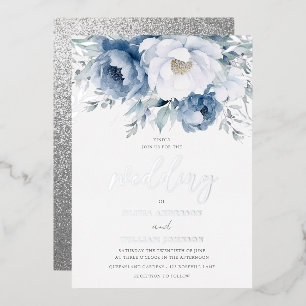 Magische Winter Stof Blauw Bruiloft Zilver Folie Uitnodiging