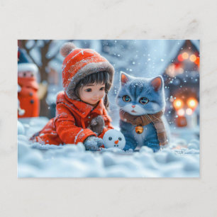 Magische winterdag met meisje en kat feestdagenkaart