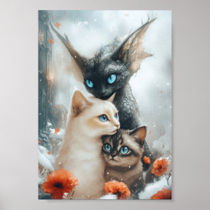 Magische Winterkatten met Fantasie Draak Bescherme Poster