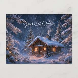 Magische winternacht hut in het bos briefkaart