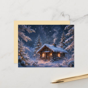 Magische winternacht hut in het bos briefkaart