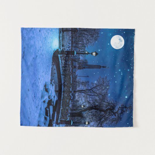 Magische winternacht met sterrenhemel en volle maa wandkleed (Voorkant (horizontaal))