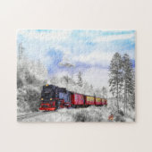 Magische wintertrein met sneeuwknollen en sleepnet legpuzzel (Horizontaal)