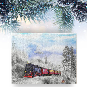 Magische wintertrein met sneeuwknollen en sleepnet legpuzzel