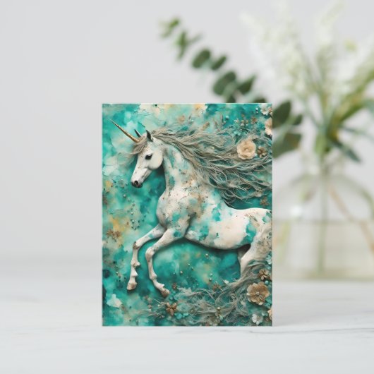 Magische witte eenhoorn Blauwgroen achtergrond Briefkaart (Staand voorkant)