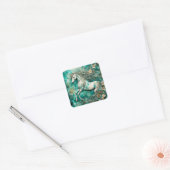 Magische witte eenhoorn Blauwgroen achtergrond Vierkante Sticker (Envelop)