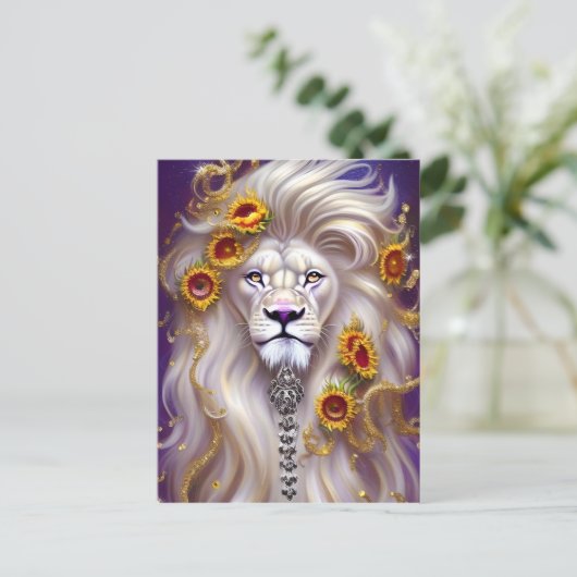 Magische Witte Leeuw en Zonnebloemen Grafisch Briefkaart (Staand voorkant)