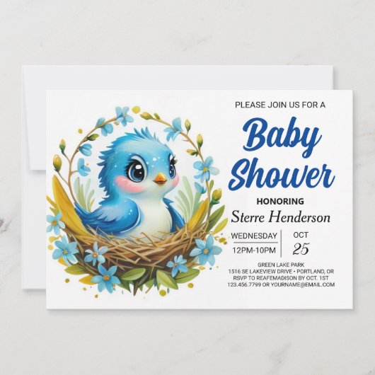 Magische Woodland Blue Bird Boy Baby shower Kaart (Voorkant)