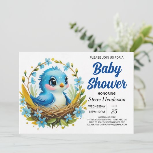 Magische Woodland Blue Bird Boy Baby shower Kaart (Staand voorkant)