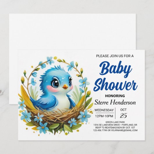 Magische Woodland Blue Bird Boy Baby shower Kaart (Voorkant / Achterkant)