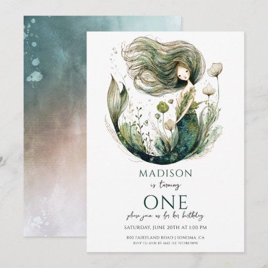 Magische zeemeermin 1e verjaardag kaart (Voorkant / Achterkant)