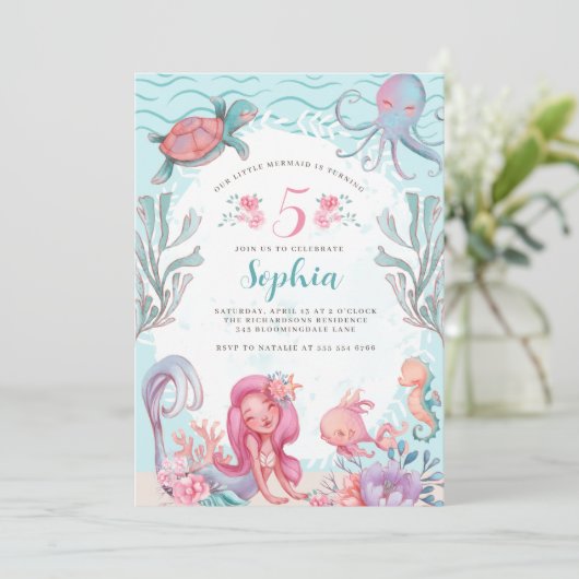 Magische Zeemeermin Party Verjaardag uitnodiging (Staand voorkant)