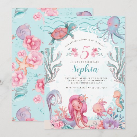 Magische Zeemeermin Party Verjaardag uitnodiging (Voorkant / Achterkant)