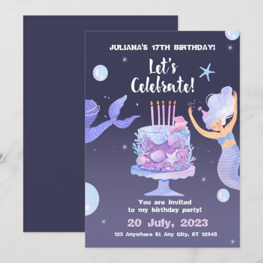 Magische Zeemeermin Roze Paarse Verjaardagsuitnodi Feestdagenkaart (Voorkant / Achterkant)