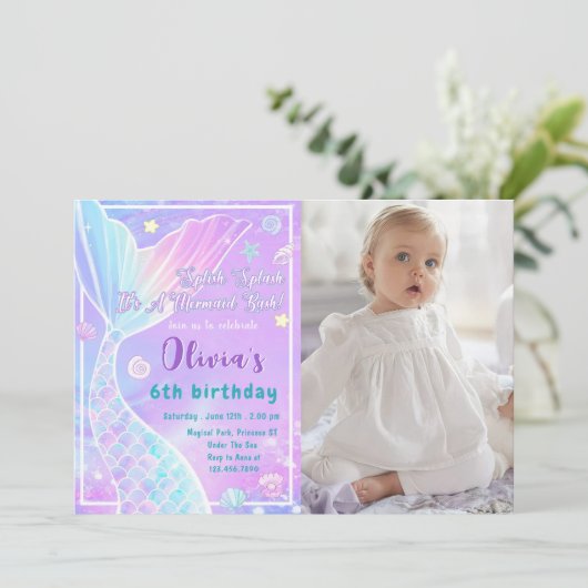 Magische zeemeermin staart verjaardag foto uitnodi kaart (Staand voorkant)