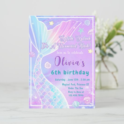 Magische zeemeermin staart verjaardagsfeestuitnodi kaart (Staand voorkant)